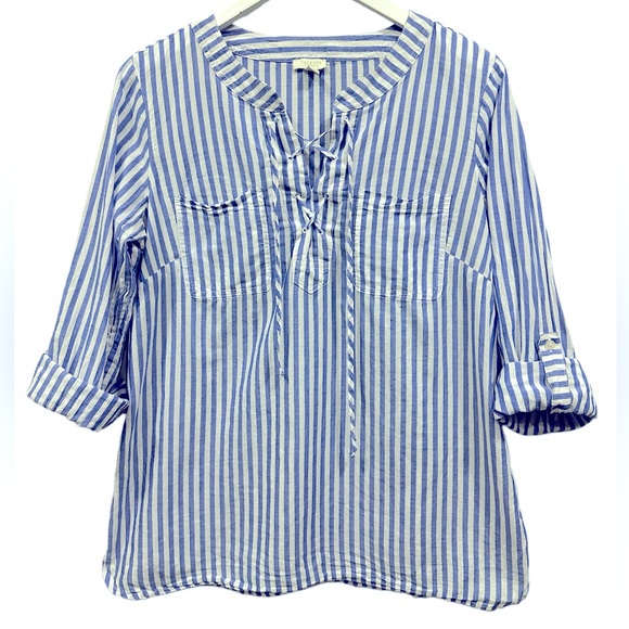 Talbots Striped Front Tie Roll Tab Sleeves Top Blouse Pullover Medium Petite - Picture 1 of 9